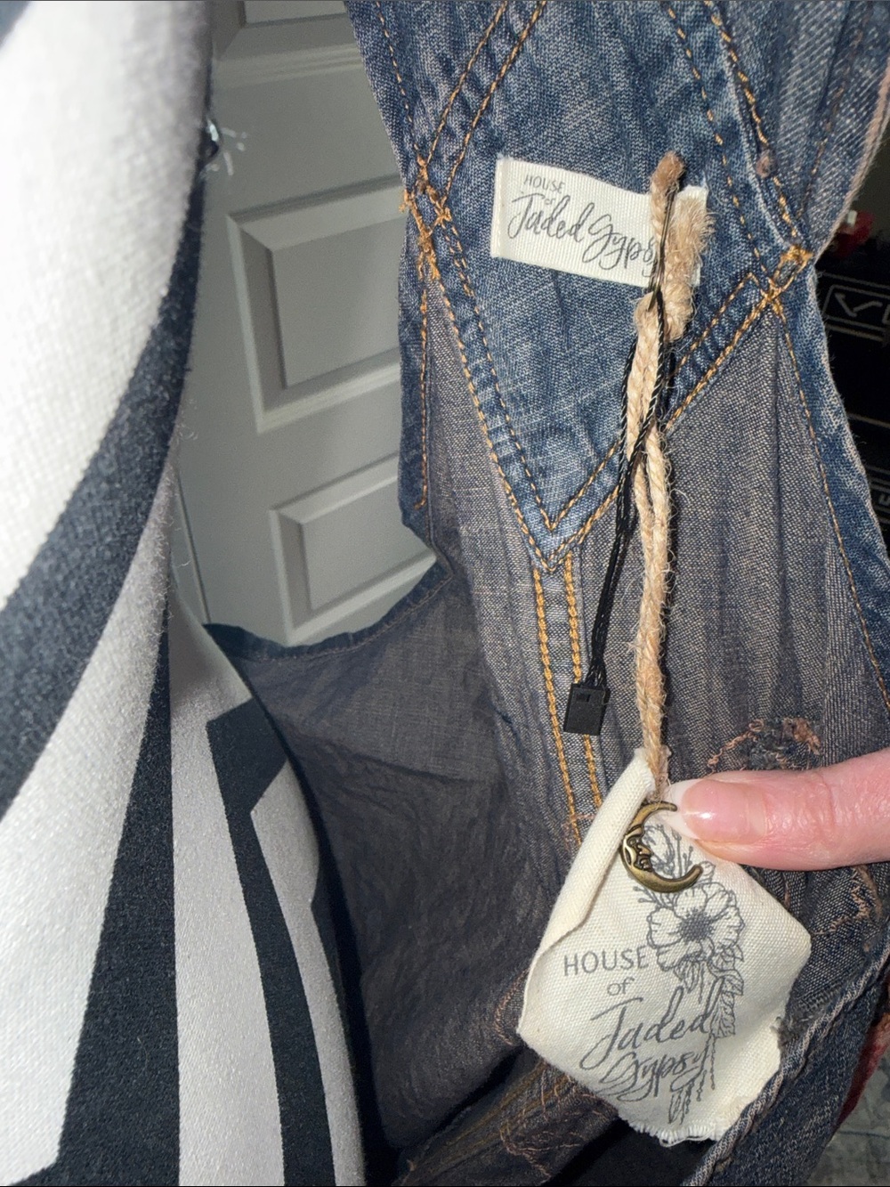 Jaded Gypsy Floral Patchwork Denim Overalls - Pink & Yellow Embroidered Design - Picture 7 of 9